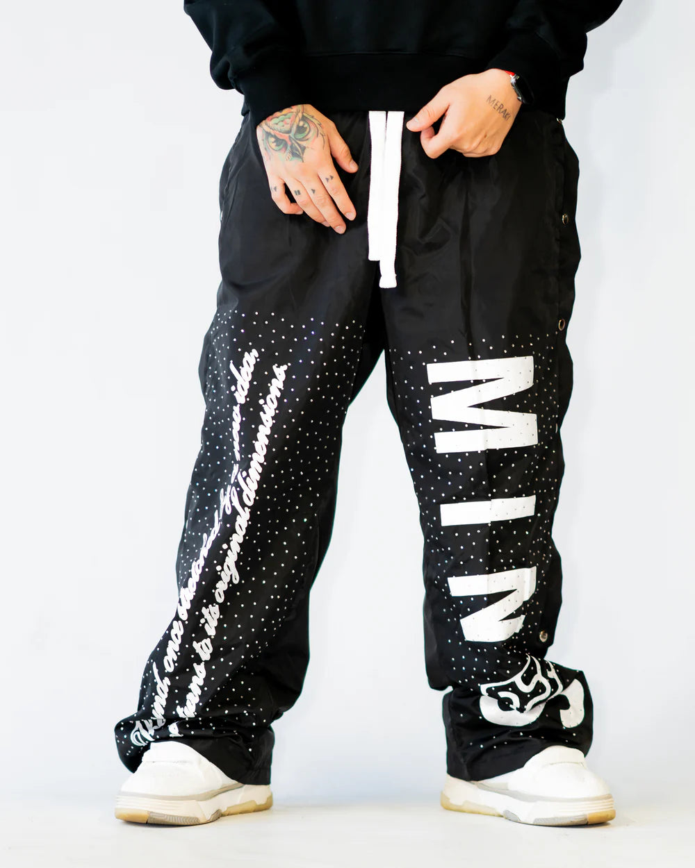 Minds Black Rhinestone Track Pants